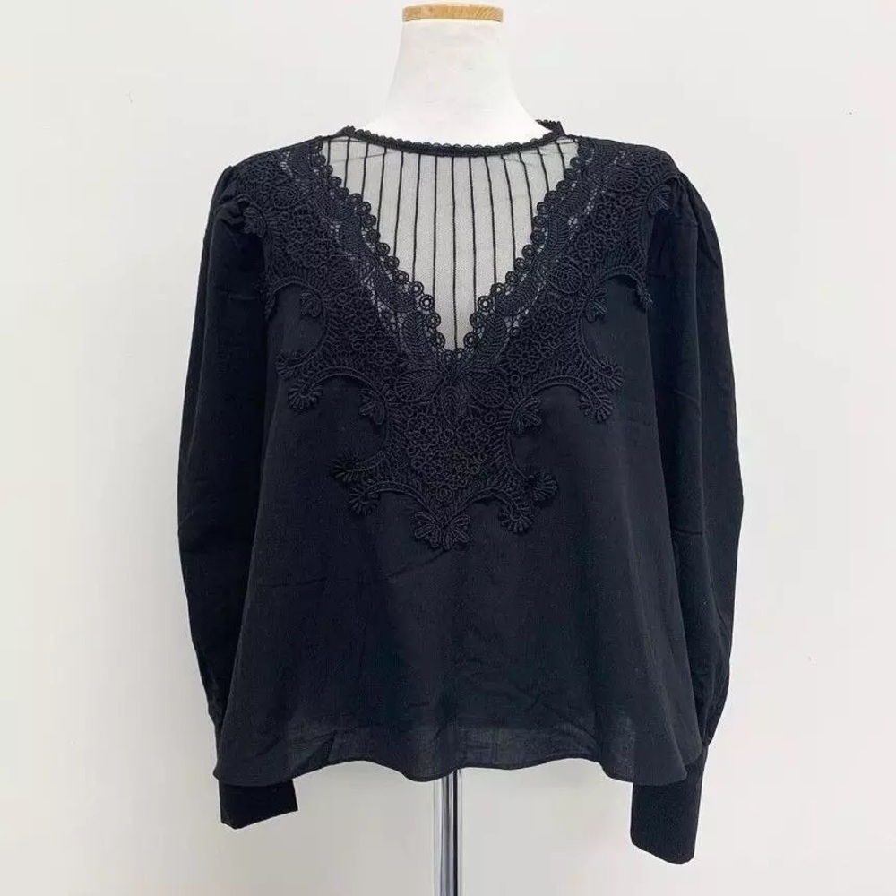 Black lace blouse mesh puff sleeve long sleeve shirt womens - Picture 3 of 5